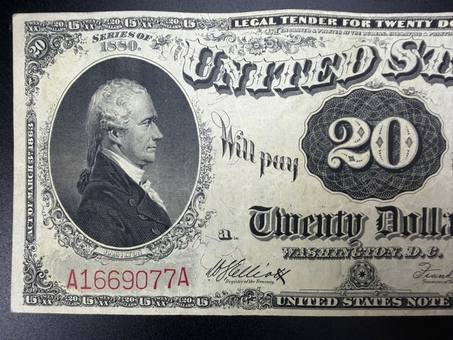 Antique United States 1880 $20 United States Legal Tender Note Currency Featuring A Portrait Of Alexander Hamilton [Photo 3]