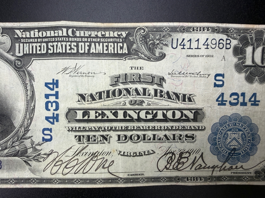 Antique United States 1902 $10 National Bank Note Currency Issued By The First National Bank Of Lexington, Virginia Featuring A Portrait Of William McKinley [Photo 3]