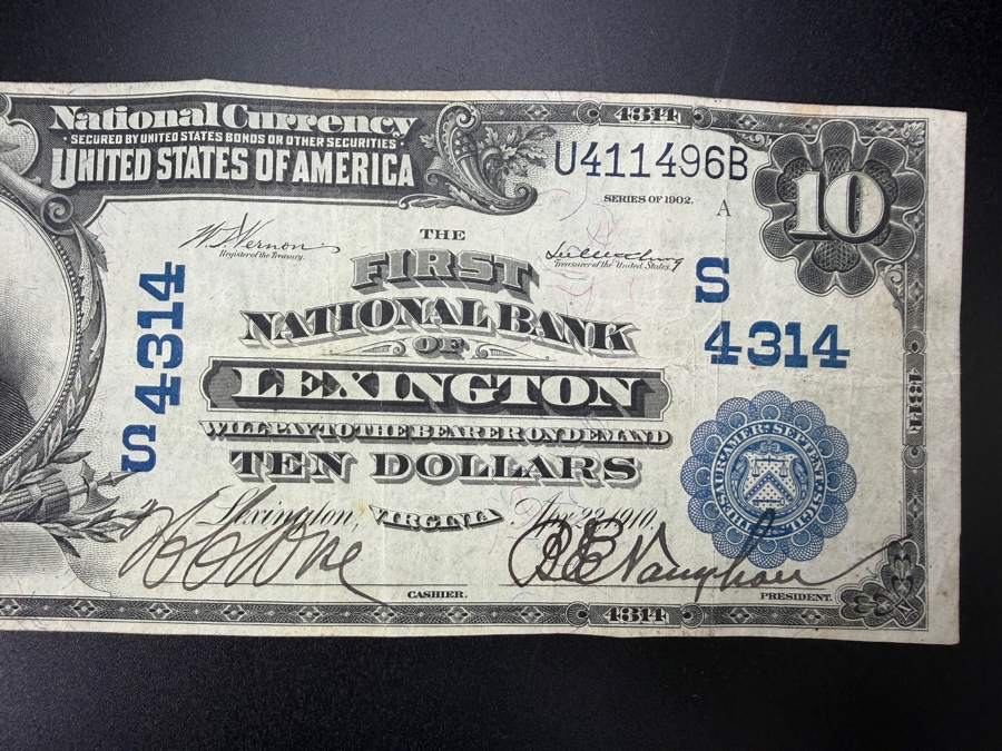 Antique United States 1902 $10 National Bank Note Currency Issued By The First National Bank Of Lexington, Virginia Featuring A Portrait Of William McKinley [Photo 6]