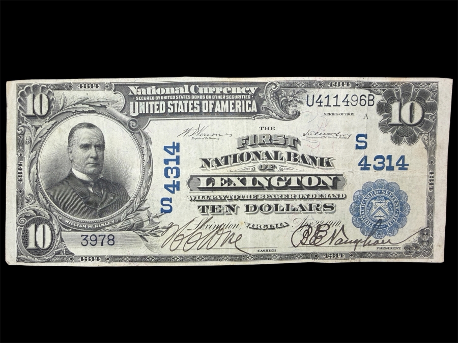 Antique United States 1902 $10 National Bank Note Currency Issued By The First National Bank Of Lexington, Virginia Featuring A Portrait Of William McKinley