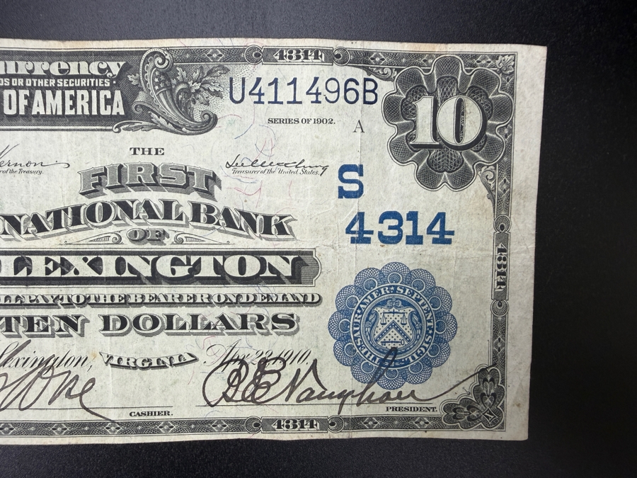 Antique United States 1902 $10 National Bank Note Currency Issued By The First National Bank Of Lexington, Virginia Featuring A Portrait Of William McKinley [Photo 4]