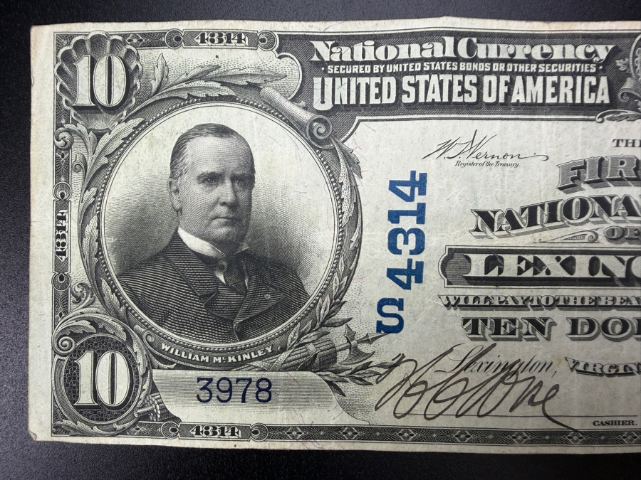 Antique United States 1902 $10 National Bank Note Currency Issued By The First National Bank Of Lexington, Virginia Featuring A Portrait Of William McKinley [Photo 2]
