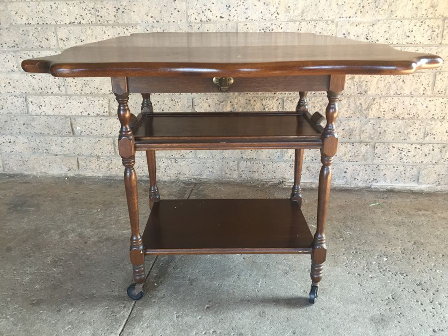 Vintage Drop Leaf Tea Cart On Wheels With Removable Tray Vintage Drop Leaf Tea Cart On Wheels With Removable Tray Photo 12