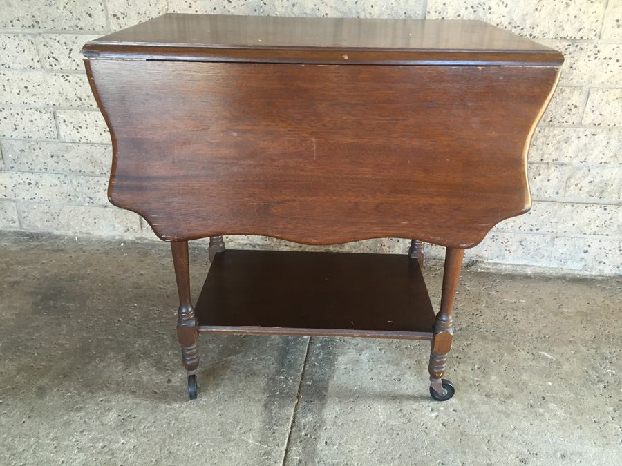 Vintage Drop-Leaf Tea Cart On Wheels With Removable Tray [Photo 6]