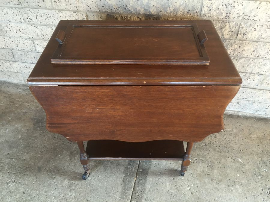 Vintage Drop-Leaf Tea Cart On Wheels With Removable Tray [Photo 7]