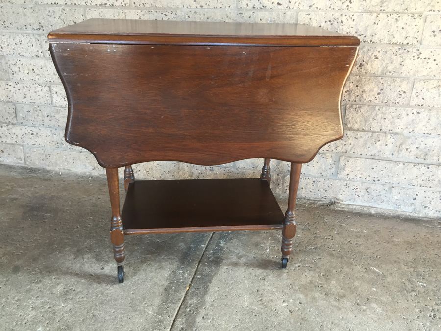 Vintage Drop-Leaf Tea Cart On Wheels With Removable Tray [Photo 4]