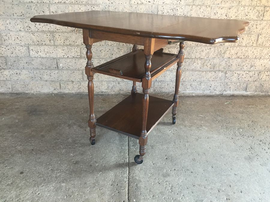 Vintage Drop-Leaf Tea Cart On Wheels With Removable Tray [Photo 9]
