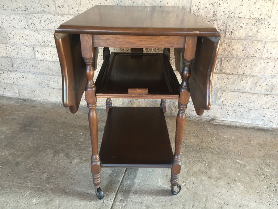 Vintage Drop-Leaf Tea Cart On Wheels With Removable Tray [Photo 5]