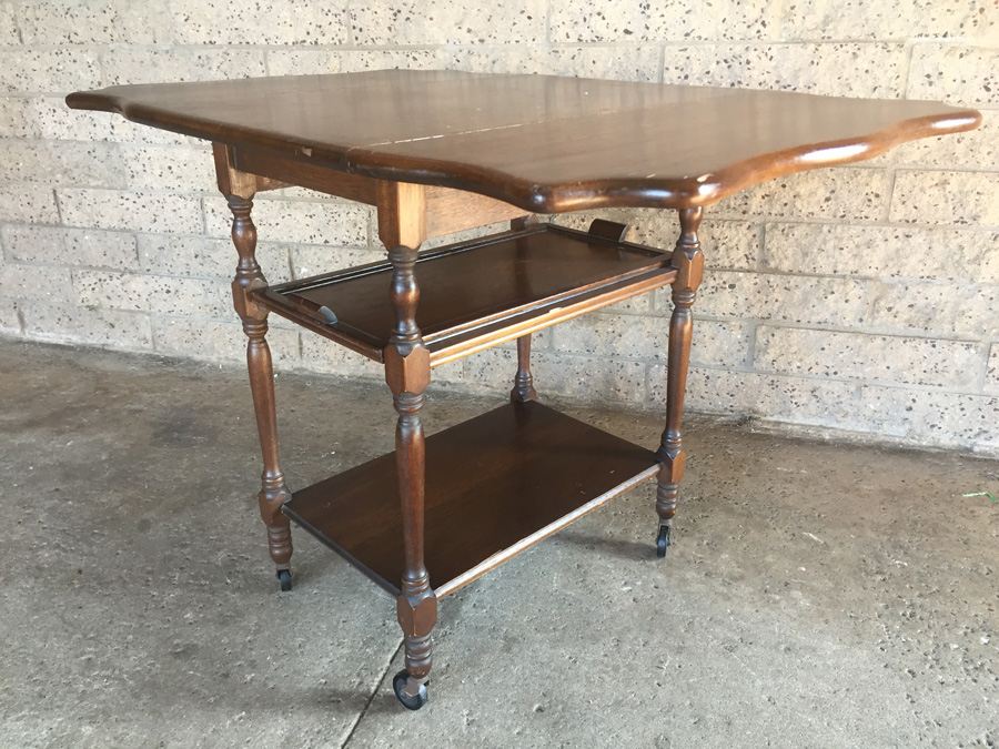 Vintage Drop-Leaf Tea Cart On Wheels With Removable Tray [Photo 10]