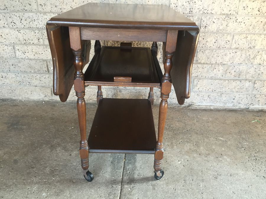 Vintage Drop-Leaf Tea Cart On Wheels With Removable Tray [Photo 3]