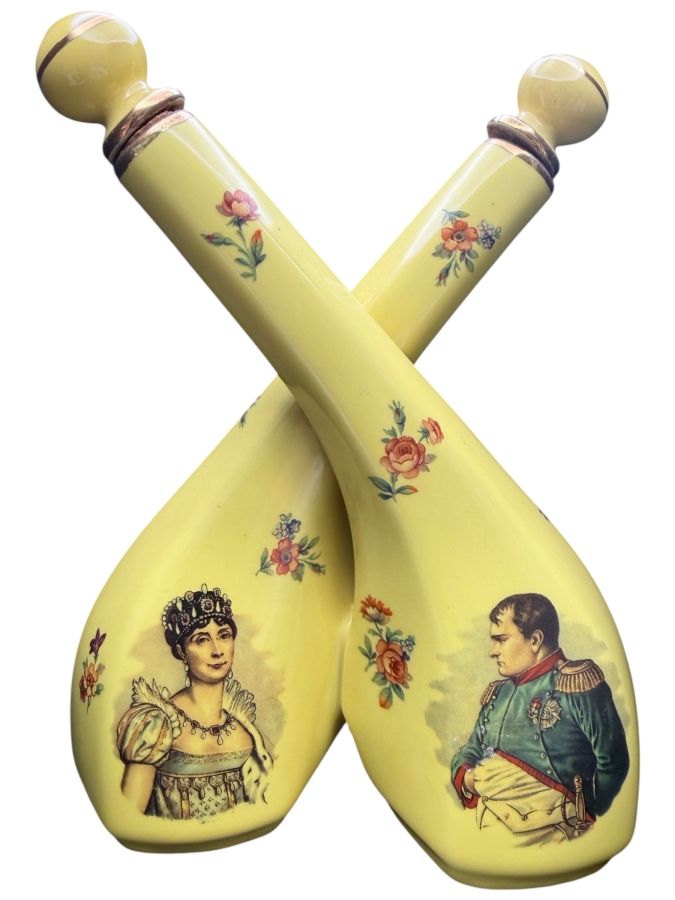 Vintage French Emaux Limoges Ceramic Cruet Set Featuring Depictions Of Napoleon Bonaparte And Empress Josephine 7.5'H