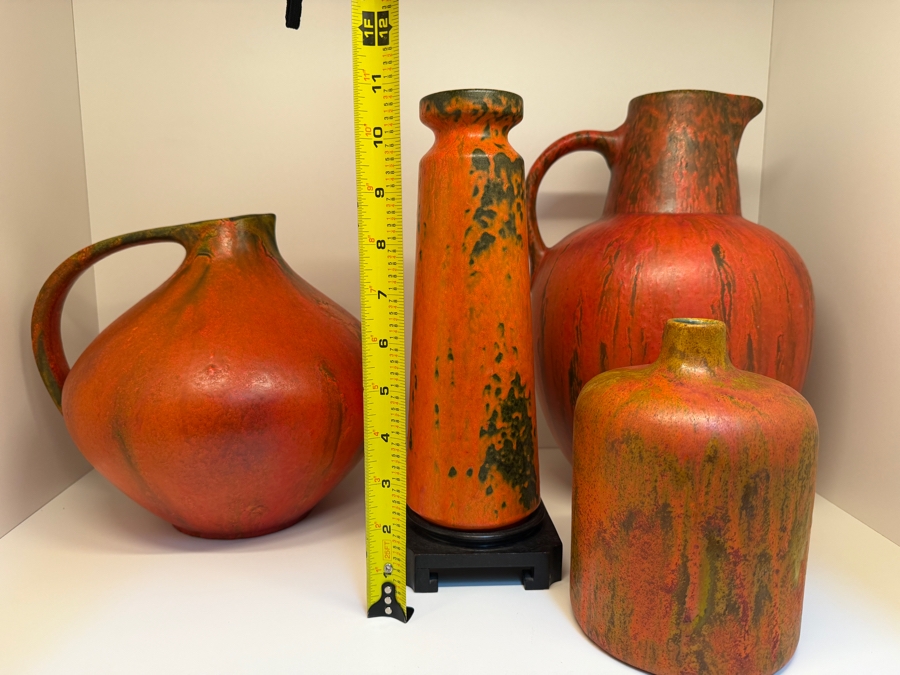 Collection Of (4) Vintage Mid-Century Modern Fat Lava Pottery Vases And Pitchers: (3) Ruscha Keramik 'Vulkano' Glaze Pieces Designed By Kurt Tschorner 6.5'H - 11'H [Photo 14]