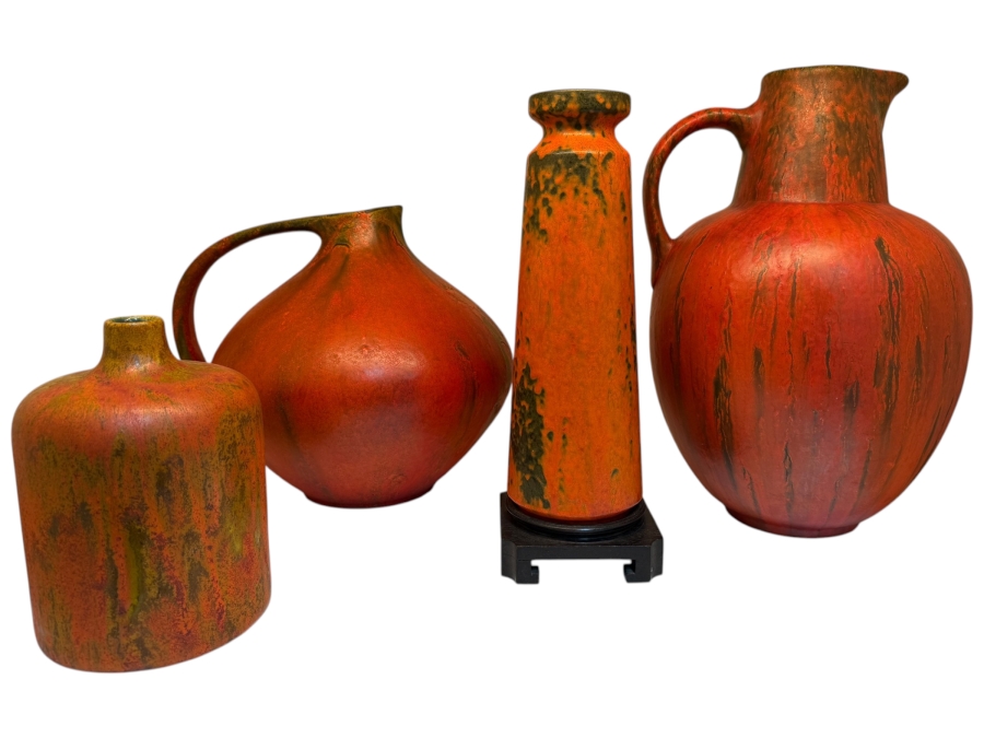 Collection Of (4) Vintage Mid-Century Modern Fat Lava Pottery Vases And Pitchers: (3) Ruscha Keramik 'Vulkano' Glaze Pieces Designed By Kurt Tschorner 6.5'H - 11'H