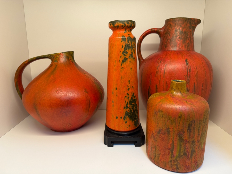 Collection Of (4) Vintage Mid-Century Modern Fat Lava Pottery Vases And Pitchers: (3) Ruscha Keramik 'Vulkano' Glaze Pieces Designed By Kurt Tschorner 6.5'H - 11'H [Photo 13]