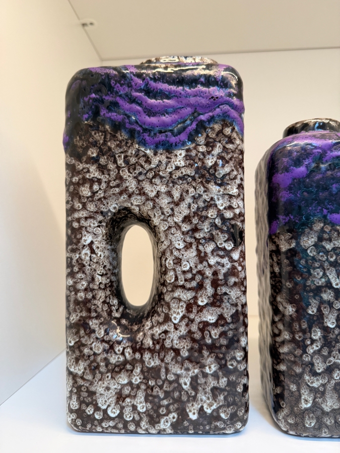 Collection Of (3) Vintage Mid-Century Modern Fat Lava Pottery Chimney Vases By Marei Keramik In West Germany Featuring The 'Toscana' Glaze Pattern In Purple, Black And White 5'-10'H [Photo 5]
