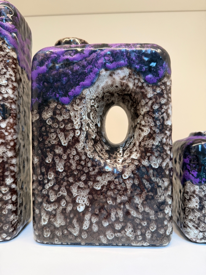 Collection Of (3) Vintage Mid-Century Modern Fat Lava Pottery Chimney Vases By Marei Keramik In West Germany Featuring The 'Toscana' Glaze Pattern In Purple, Black And White 5'-10'H [Photo 4]