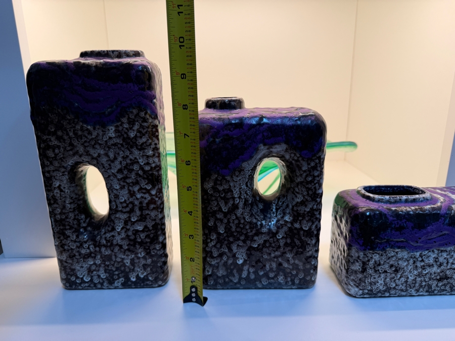Collection Of (3) Vintage Mid-Century Modern Fat Lava Pottery Chimney Vases By Marei Keramik In West Germany Featuring The 'Toscana' Glaze Pattern In Purple, Black And White 5'-10'H [Photo 10]