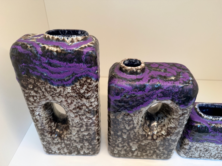 Collection Of (3) Vintage Mid-Century Modern Fat Lava Pottery Chimney Vases By Marei Keramik In West Germany Featuring The 'Toscana' Glaze Pattern In Purple, Black And White 5'-10'H [Photo 6]