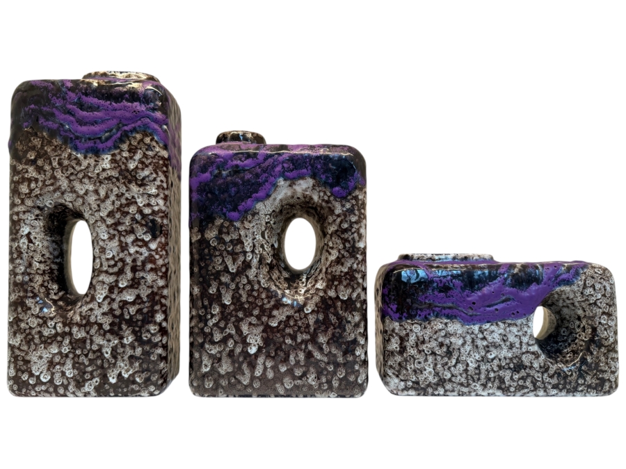 Collection Of (3) Vintage Mid-Century Modern Fat Lava Pottery Chimney Vases By Marei Keramik In West Germany Featuring The 'Toscana' Glaze Pattern In Purple, Black And White 5'-10'H