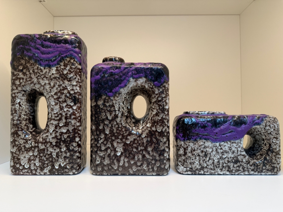 Collection Of (3) Vintage Mid-Century Modern Fat Lava Pottery Chimney Vases By Marei Keramik In West Germany Featuring The 'Toscana' Glaze Pattern In Purple, Black And White 5'-10'H [Photo 2]