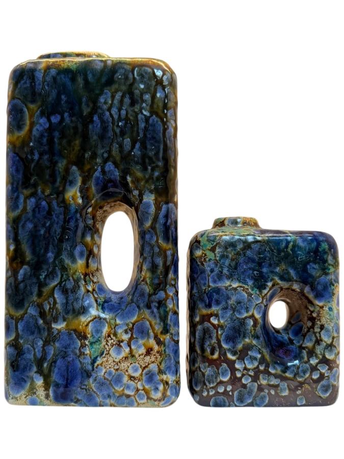 Collection Of (2) Vintage Mid-Century Modern Fat Lava Pottery Chimney Vases By Marei Keramik In West Germany Featuring A Mottled Snakeskin Effect Glaze With Shades Of Deep Blue, Purple And Caramel/Brown 5'H-9'H