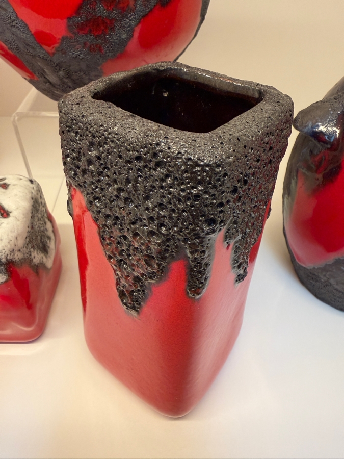 Collection Of (6) Vintage Mid-Century Modern Fat Lava Pottery Vases  Featuring A Glossy Red Glaze: (2) By Marei Keramik In West Germany, (2) By Roth Keramik, (1) By Ubelacker Keramik And (1) By Bay Keramik 4'H [Photo 5]