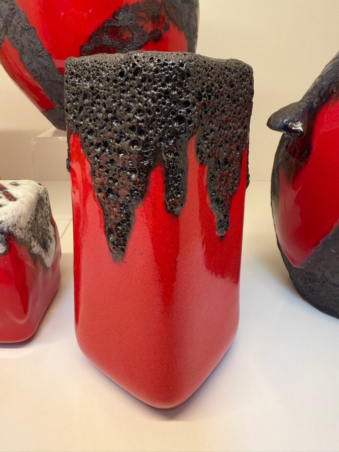 Collection Of (6) Vintage Mid-Century Modern Fat Lava Pottery Vases  Featuring A Glossy Red Glaze: (2) By Marei Keramik In West Germany, (2) By Roth Keramik, (1) By Ubelacker Keramik And (1) By Bay Keramik 4'H [Photo 4]