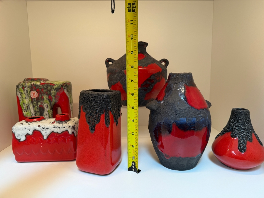 Collection Of (6) Vintage Mid-Century Modern Fat Lava Pottery Vases  Featuring A Glossy Red Glaze: (2) By Marei Keramik In West Germany, (2) By Roth Keramik, (1) By Ubelacker Keramik And (1) By Bay Keramik 4'H [Photo 24]