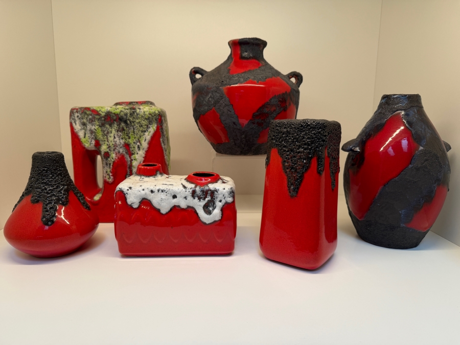 Collection Of (6) Vintage Mid-Century Modern Fat Lava Pottery Vases  Featuring A Glossy Red Glaze: (2) By Marei Keramik In West Germany, (2) By Roth Keramik, (1) By Ubelacker Keramik And (1) By Bay Keramik 4'H [Photo 2]