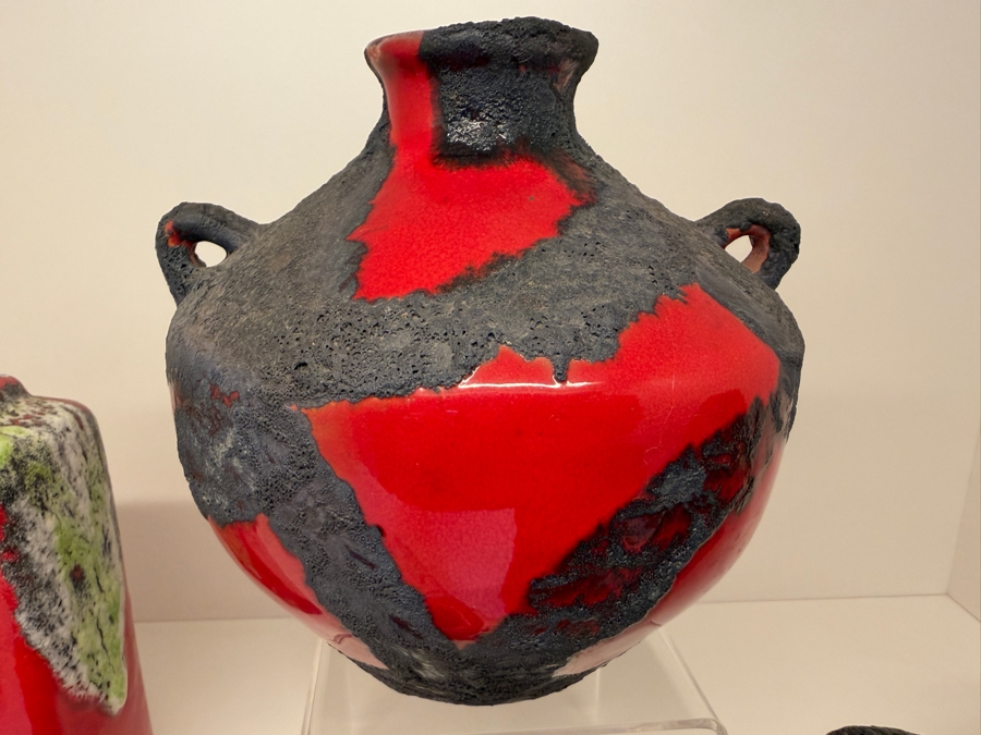 Collection Of (6) Vintage Mid-Century Modern Fat Lava Pottery Vases  Featuring A Glossy Red Glaze: (2) By Marei Keramik In West Germany, (2) By Roth Keramik, (1) By Ubelacker Keramik And (1) By Bay Keramik 4'H [Photo 13]