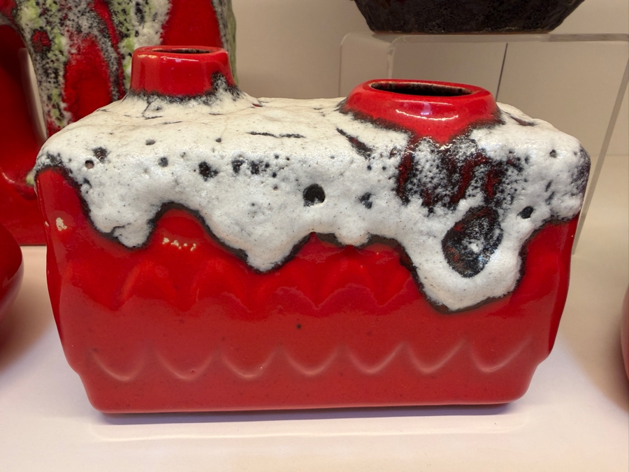 Collection Of (6) Vintage Mid-Century Modern Fat Lava Pottery Vases  Featuring A Glossy Red Glaze: (2) By Marei Keramik In West Germany, (2) By Roth Keramik, (1) By Ubelacker Keramik And (1) By Bay Keramik 4'H [Photo 3]