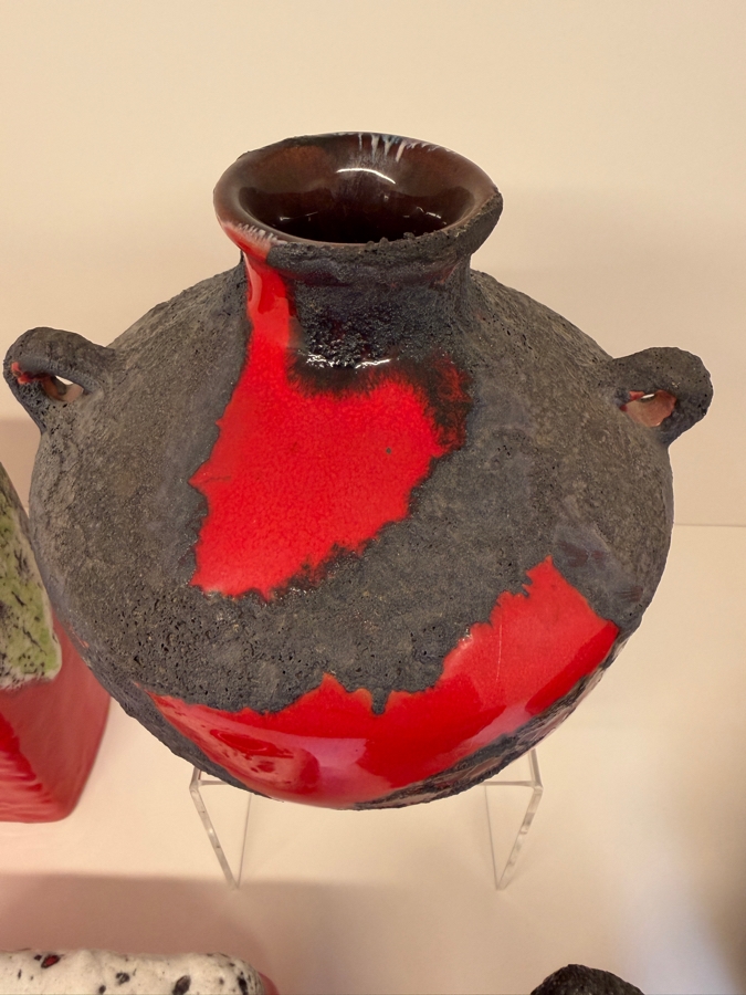 Collection Of (6) Vintage Mid-Century Modern Fat Lava Pottery Vases  Featuring A Glossy Red Glaze: (2) By Marei Keramik In West Germany, (2) By Roth Keramik, (1) By Ubelacker Keramik And (1) By Bay Keramik 4'H [Photo 9]
