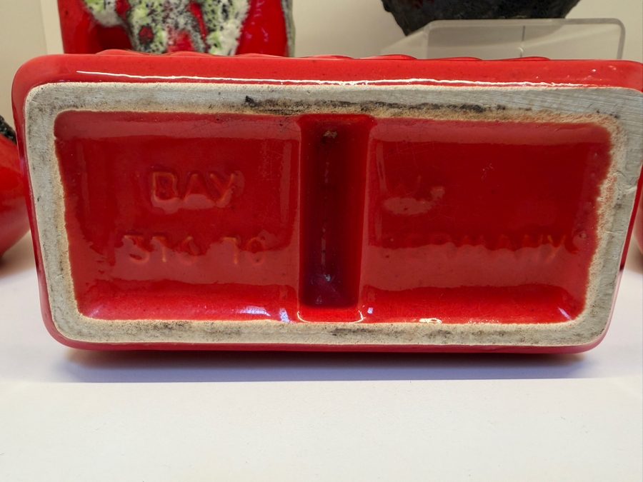 Collection Of (6) Vintage Mid-Century Modern Fat Lava Pottery Vases  Featuring A Glossy Red Glaze: (2) By Marei Keramik In West Germany, (2) By Roth Keramik, (1) By Ubelacker Keramik And (1) By Bay Keramik 4'H [Photo 14]