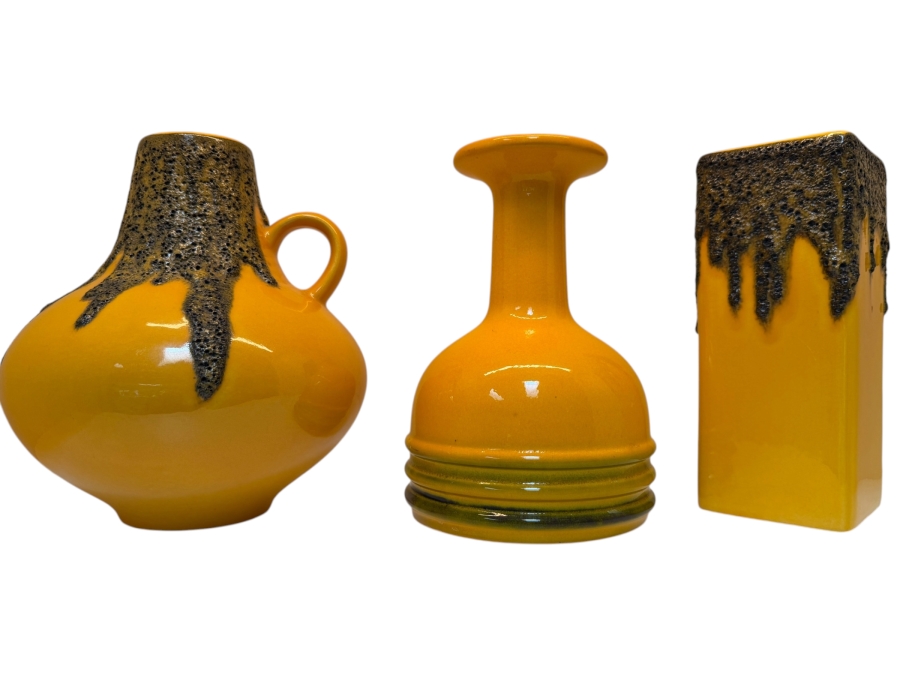 Collection Of (3) Vintage Mid-Century Modern Fat Lava Pottery Vases Featuring A Vibrant Mustard-Yellow Glaze: (1) By Steuler Keramik in West Germany And (1) By Fohr Keramik 7.5'H
