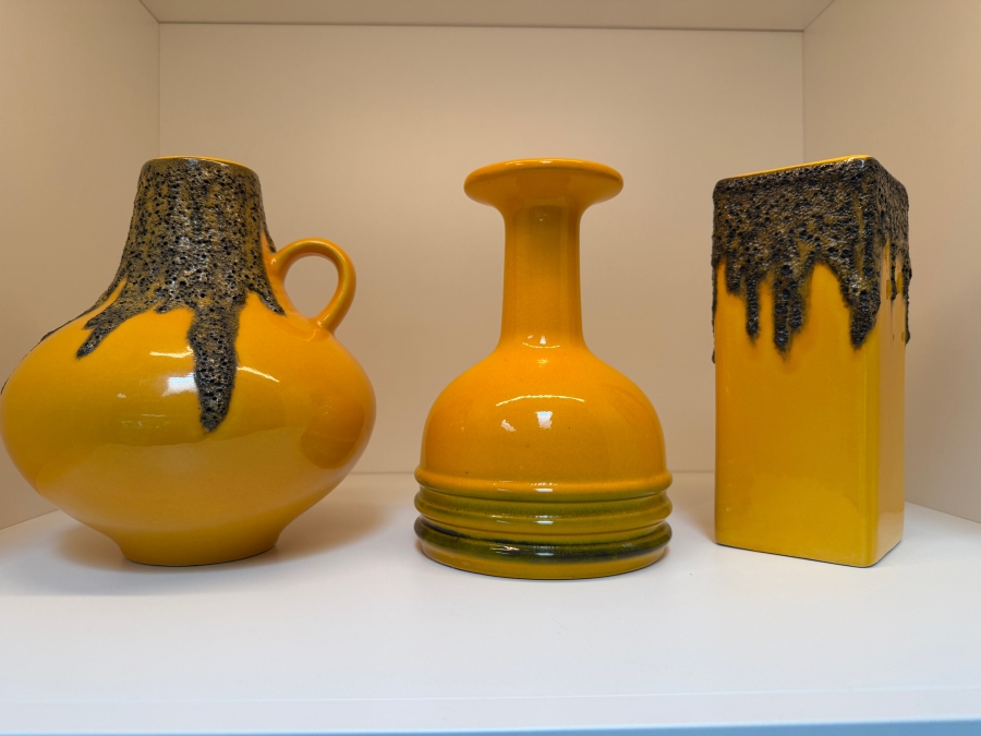 Collection Of (3) Vintage Mid-Century Modern Fat Lava Pottery Vases Featuring A Vibrant Mustard-Yellow Glaze: (1) By Steuler Keramik in West Germany And (1) By Fohr Keramik 7.5'H [Photo 2]