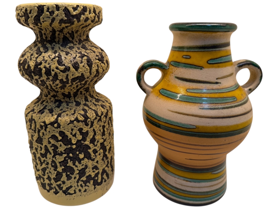 Collection Of (2) Vintage Mid-Century Modern Fat Lava Pottery Vases: (1) By VEB Haldensleben 7'-7.5'H
