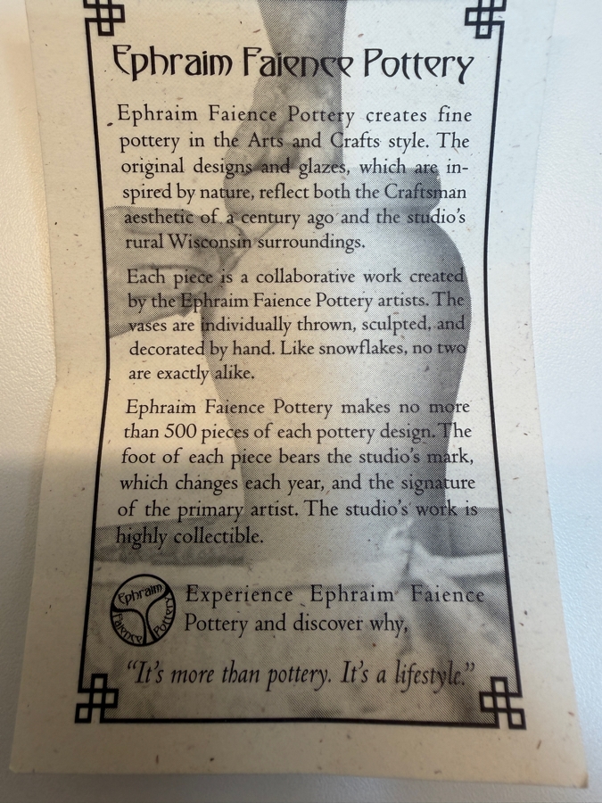Ephraim Faience Pottery Vase By Ken Nekola In The Arts And Crafts Style 7.5'H [Photo 10]