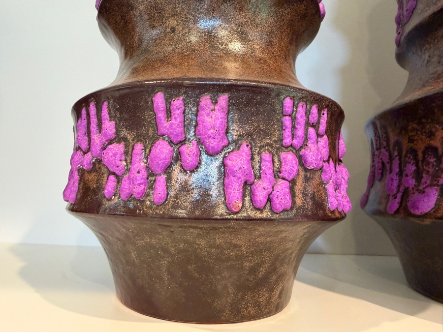(2) Vintage Mid-Century Modern Fat Lava Pottery Scheurich 'Pagoda' Vases In Brown And Purple 9'H-15'H [Photo 5]