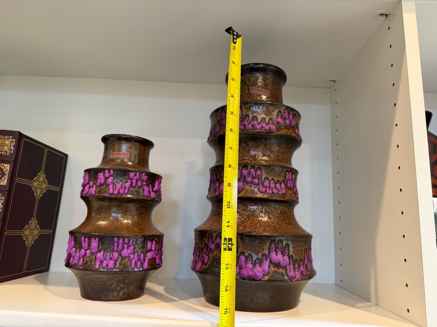 (2) Vintage Mid-Century Modern Fat Lava Pottery Scheurich 'Pagoda' Vases In Brown And Purple 9'H-15'H [Photo 9]