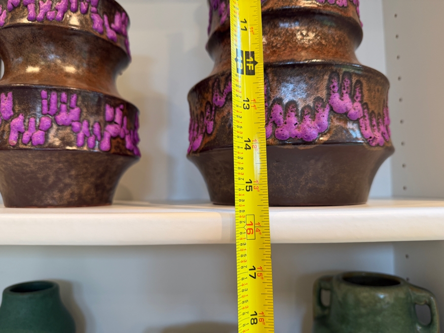 (2) Vintage Mid-Century Modern Fat Lava Pottery Scheurich 'Pagoda' Vases In Brown And Purple 9'H-15'H [Photo 10]