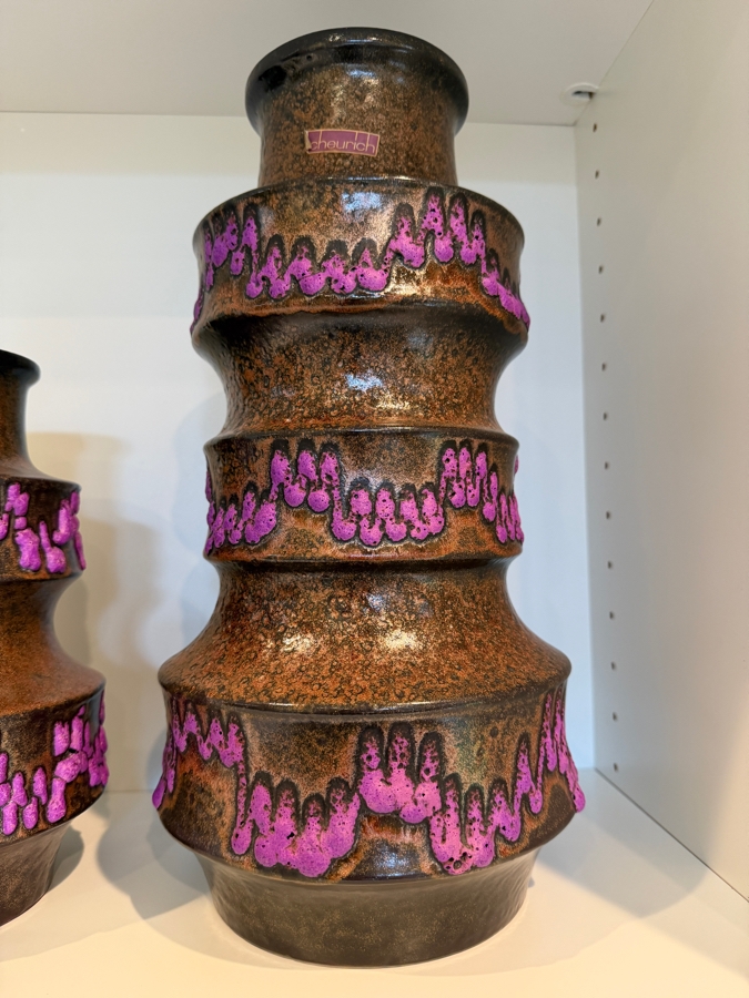 (2) Vintage Mid-Century Modern Fat Lava Pottery Scheurich 'Pagoda' Vases In Brown And Purple 9'H-15'H [Photo 3]