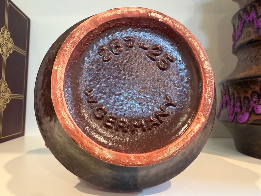(2) Vintage Mid-Century Modern Fat Lava Pottery Scheurich 'Pagoda' Vases In Brown And Purple 9'H-15'H [Photo 7]