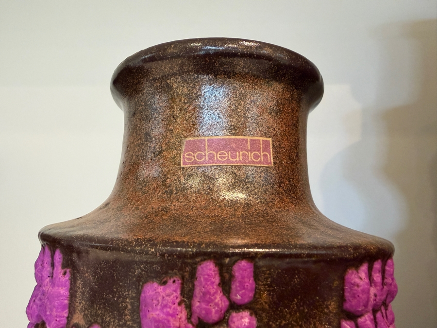 (2) Vintage Mid-Century Modern Fat Lava Pottery Scheurich 'Pagoda' Vases In Brown And Purple 9'H-15'H [Photo 6]