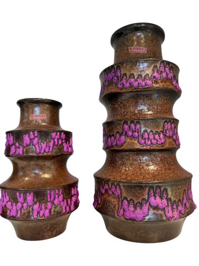 (2) Vintage Mid-Century Modern Fat Lava Pottery Scheurich 'Pagoda' Vases In Brown And Purple 9'H-15'H