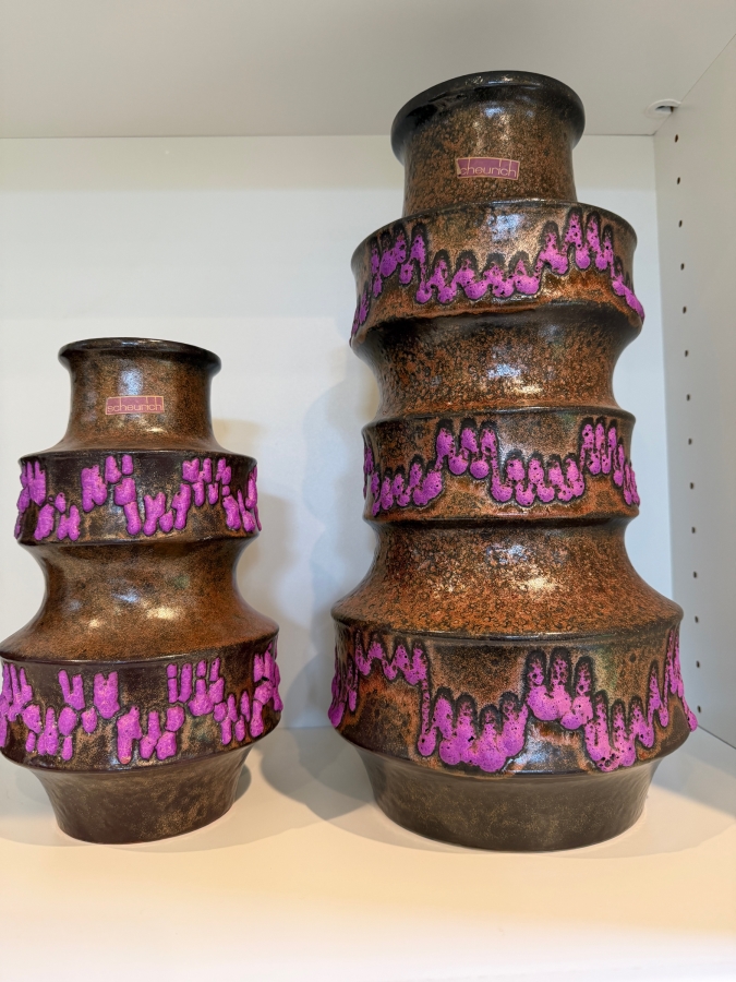 (2) Vintage Mid-Century Modern Fat Lava Pottery Scheurich 'Pagoda' Vases In Brown And Purple 9'H-15'H [Photo 2]