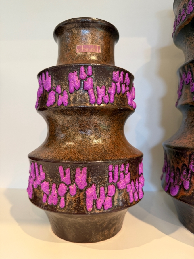 (2) Vintage Mid-Century Modern Fat Lava Pottery Scheurich 'Pagoda' Vases In Brown And Purple 9'H-15'H [Photo 4]