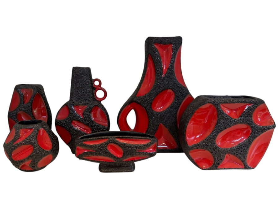 Collection Of (6) Vintage Mid-Century Modern Fat Lava Pottery Vases By Roth Keramik Of West Germany In Red Glaze 4'-11.5'H