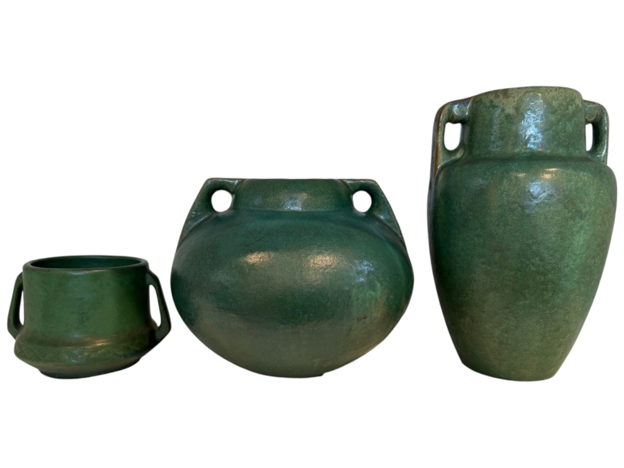 Collection Of (3) Vintage Arts And Crafts Ceramic Pieces Featuring A Matte Green Glaze: (1) Antique Weller Pottery Jardiniere And (2) Antique Fulper Pottery Vases 4'-8'H