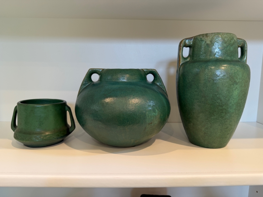 Collection Of (3) Vintage Arts And Crafts Ceramic Pieces Featuring A Matte Green Glaze: (1) Antique Weller Pottery Jardiniere And (2) Antique Fulper Pottery Vases 4'-8'H [Photo 2]