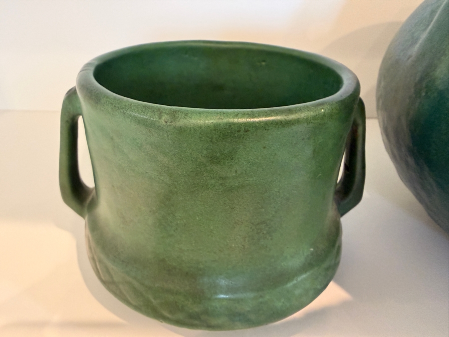 Collection Of (3) Vintage Arts And Crafts Ceramic Pieces Featuring A Matte Green Glaze: (1) Antique Weller Pottery Jardiniere And (2) Antique Fulper Pottery Vases 4'-8'H [Photo 8]